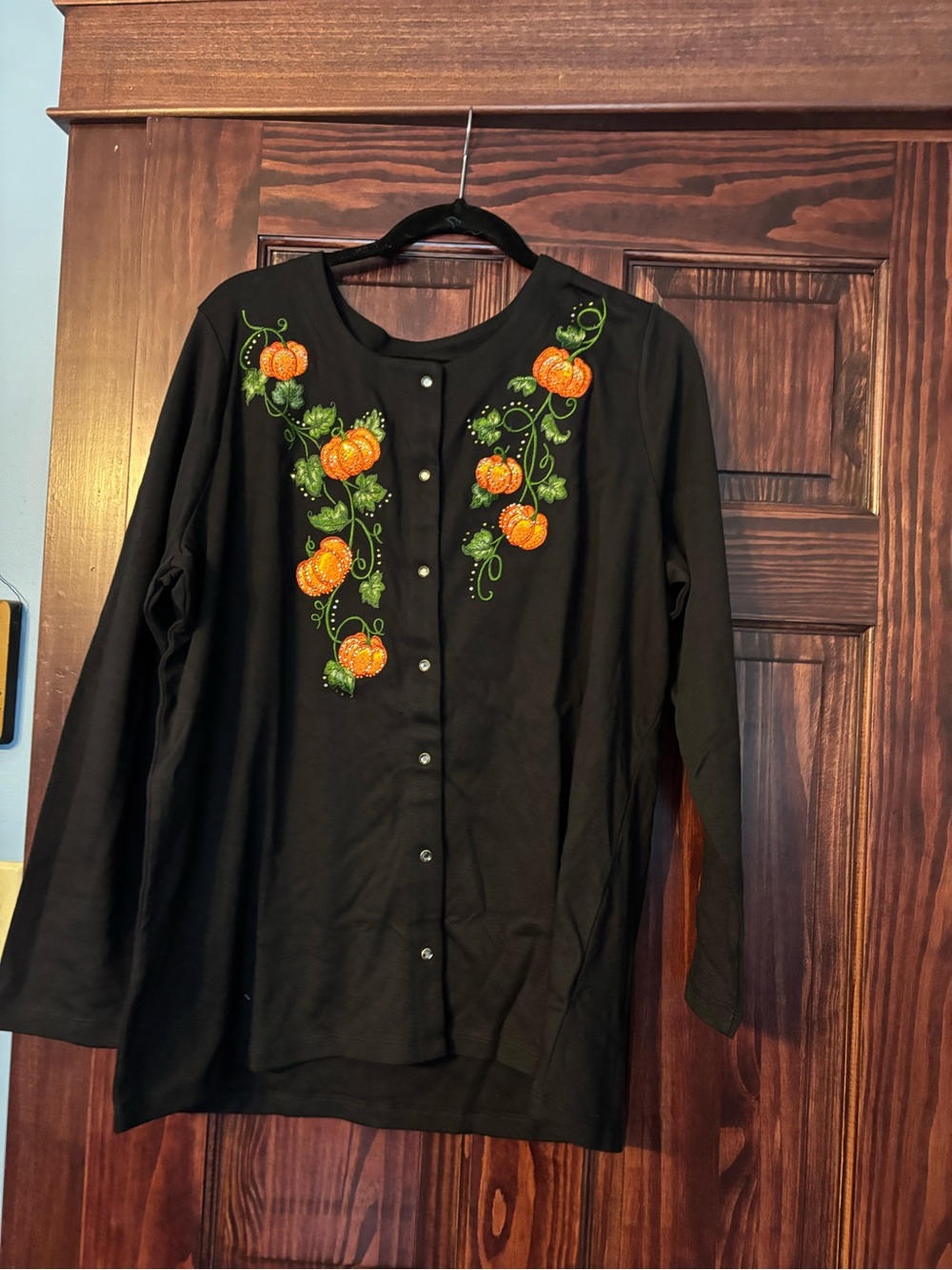 Quacker Factory Black Cardigan with Orange Pumpkin Embroidery